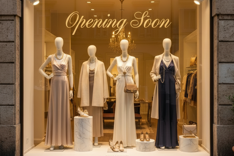 togli il sottotitolo sulla vetrina e fai uno zoom su Opening Soon e manichini